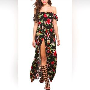 Off Shoulder Side Slit Floral Maxi Dress